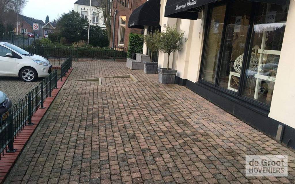 Bestrate entree met plantenbakken langs een gebouw