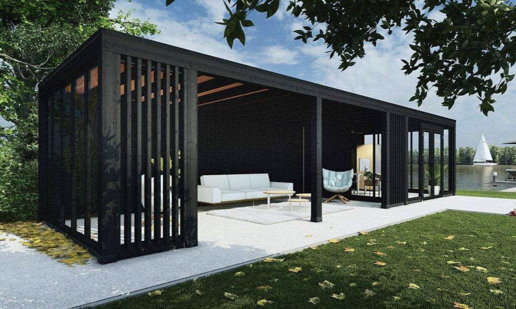 Visualisatie van zwart tuinpaviljoen met witte loungebank