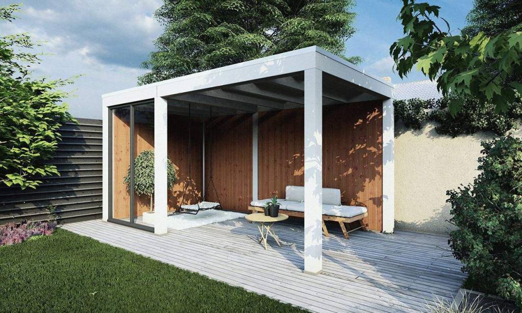Visualisatie van witte overkapping met houten achterwand
