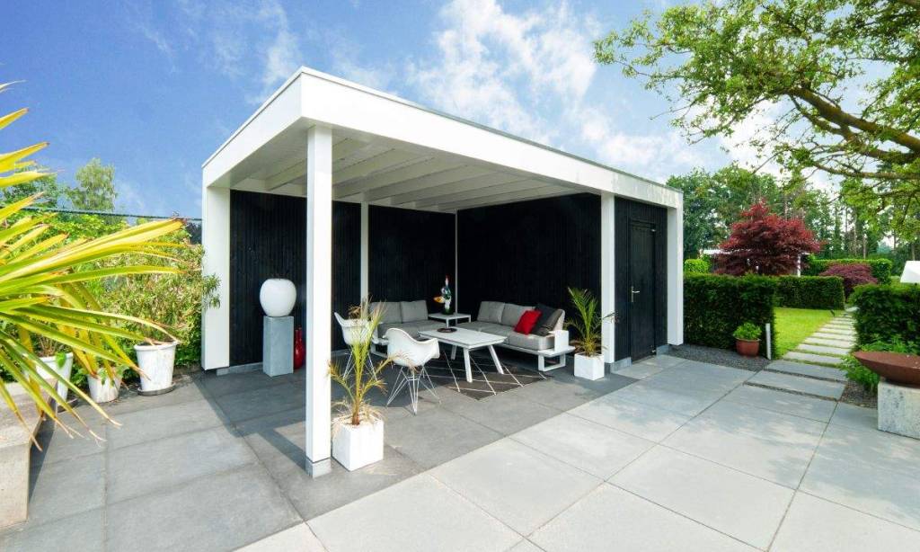 Visualisatie van witte overkapping met loungeplek