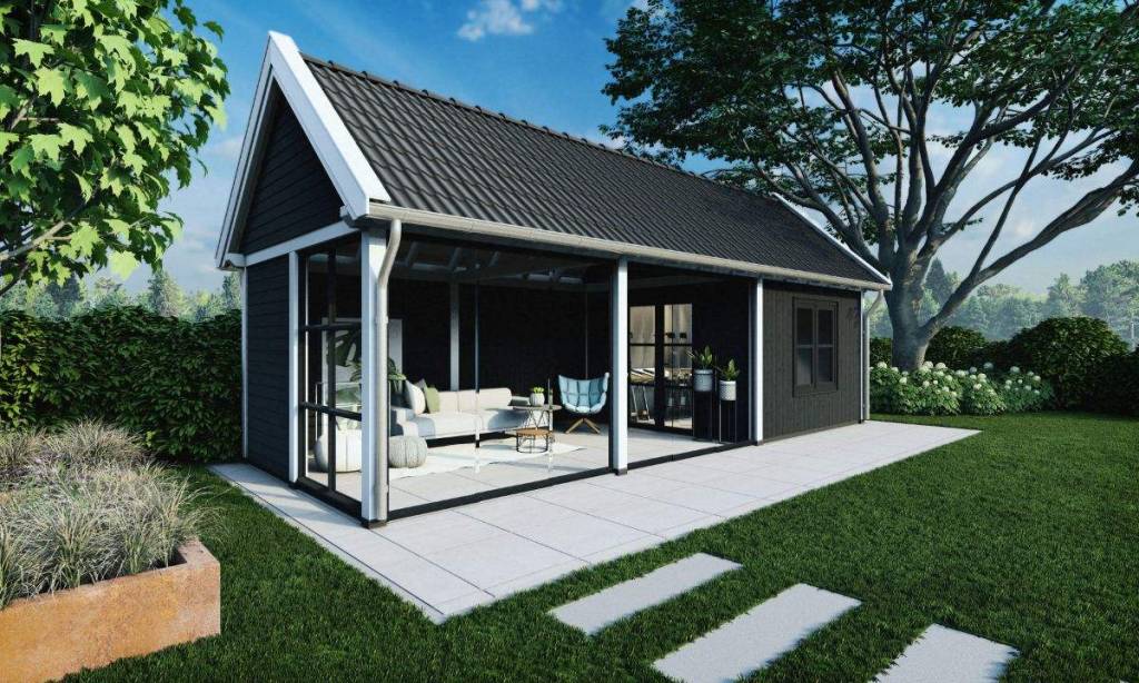 Visualisatie van glazen kapschuur met loungeplek
