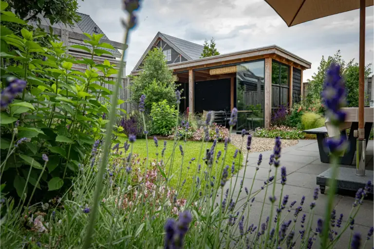 Paarse bloemen langs gazon en glazen tuinpaviljoen